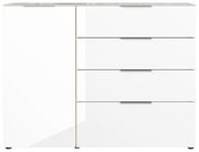 Weißes Sideboard mit einer Tür und vier Schubladen, frontale Ansicht