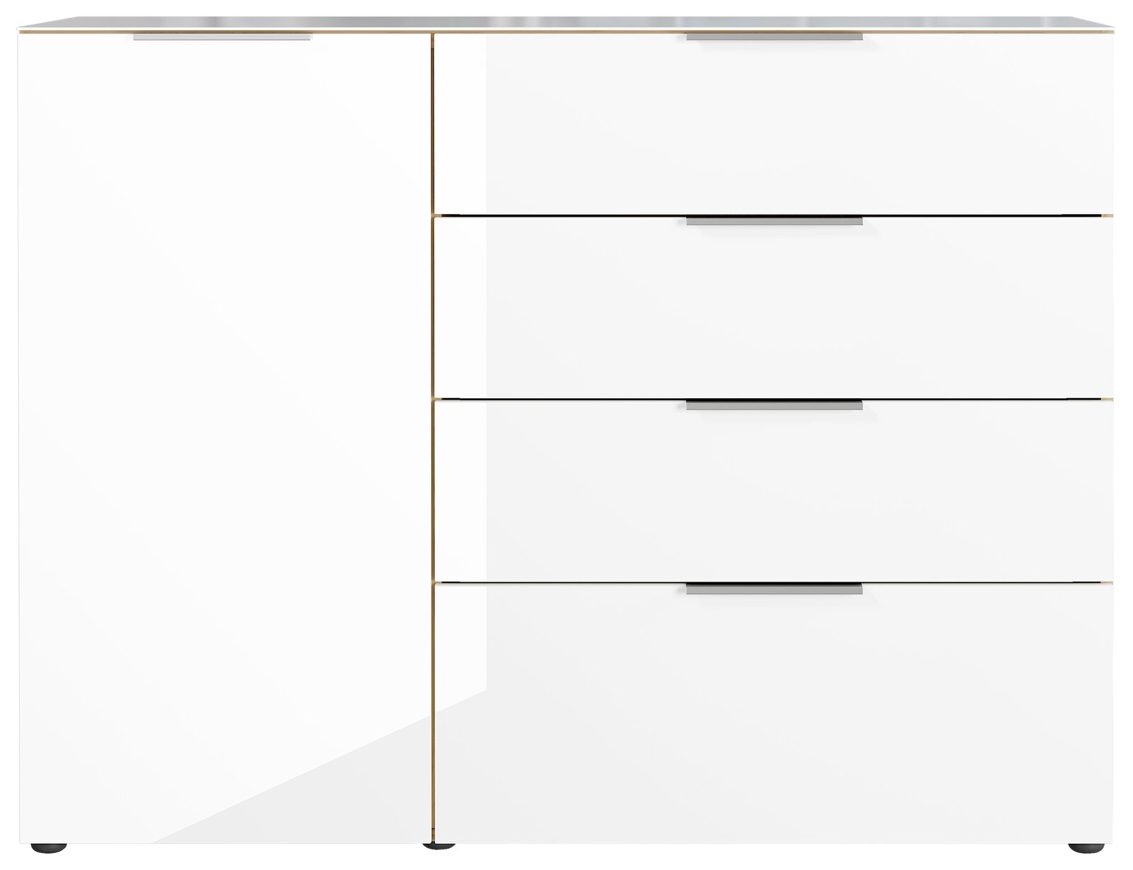 Weißes Sideboard mit einer Tür und vier Schubladen, frontale Ansicht