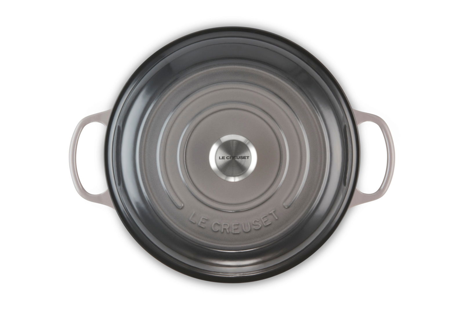 Gusseisentopf mit Deckel und zwei Griffen, Marke Le Creuset, in grauer Farbe