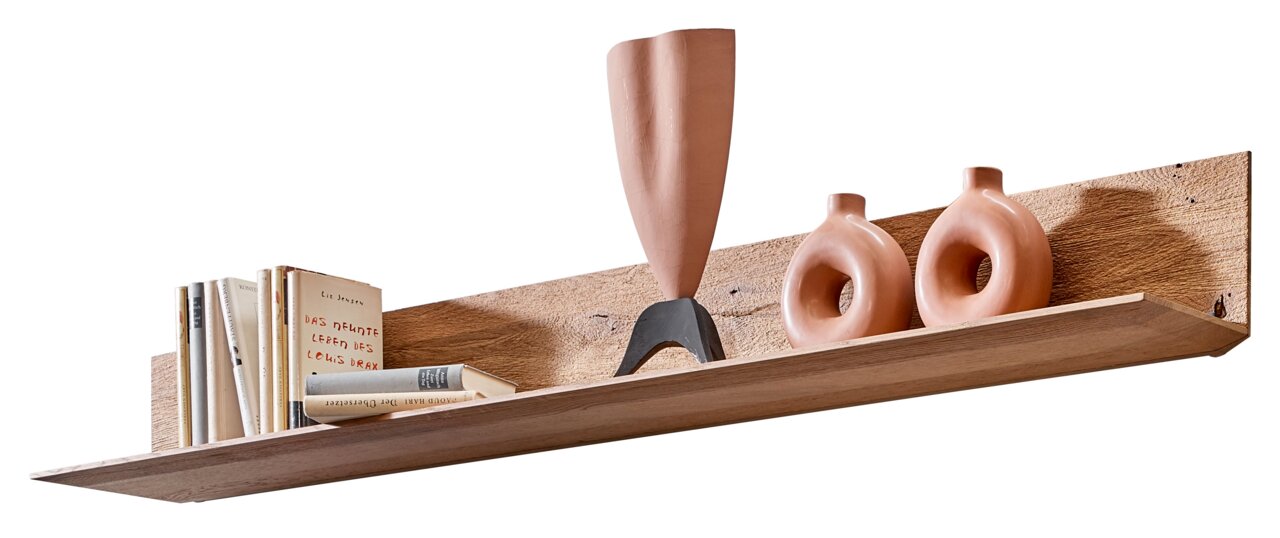 Wandpaneel aus Holz mit Büchern und dekorativen Vasen, seitliche Perspektive