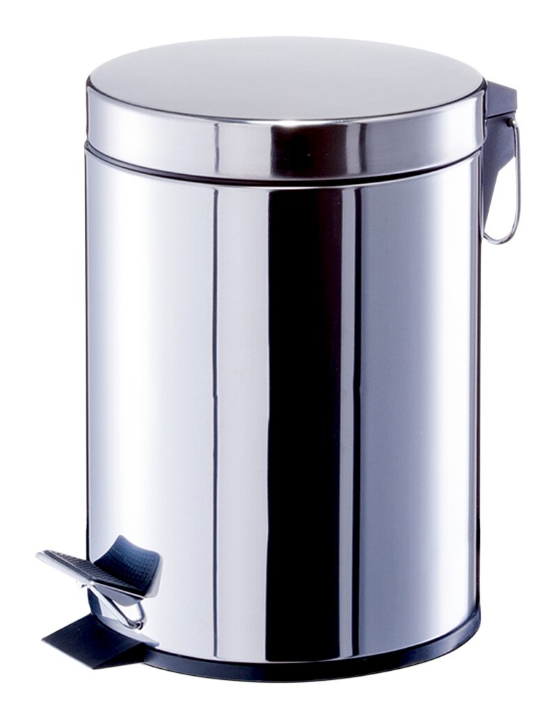 Silberner Treteimer aus Edelstahl, 5 Liter, seitliche Perspektive