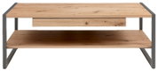Moderner Couchtisch aus Holz mit Metallrahmen, frontal betrachtet.