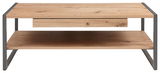 Moderner Couchtisch aus Holz mit Metallrahmen, frontal betrachtet.