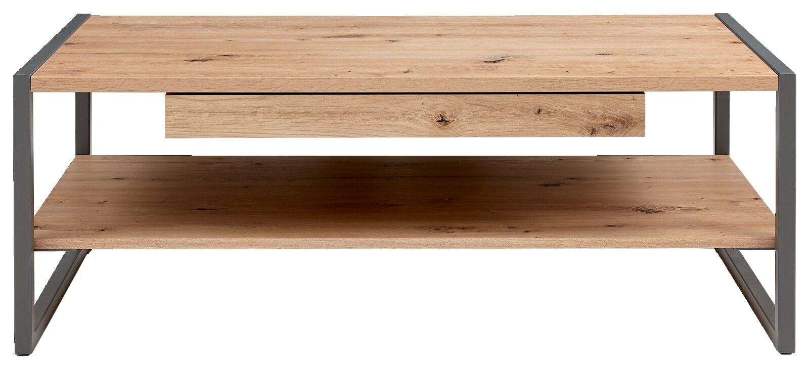Moderner Couchtisch aus Holz mit Metallrahmen, frontal betrachtet.