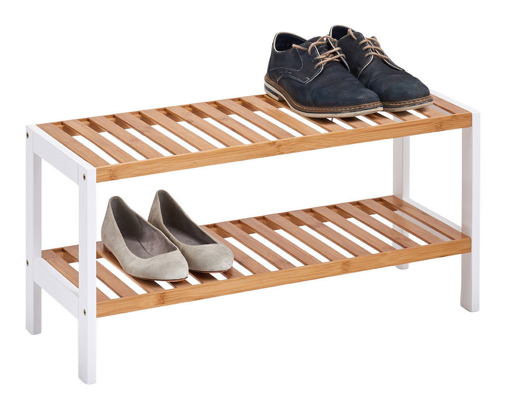 Schuhregal mit zwei Ablagen aus Holz und Metall, seitliche Perspektive, mit Schuhen darauf