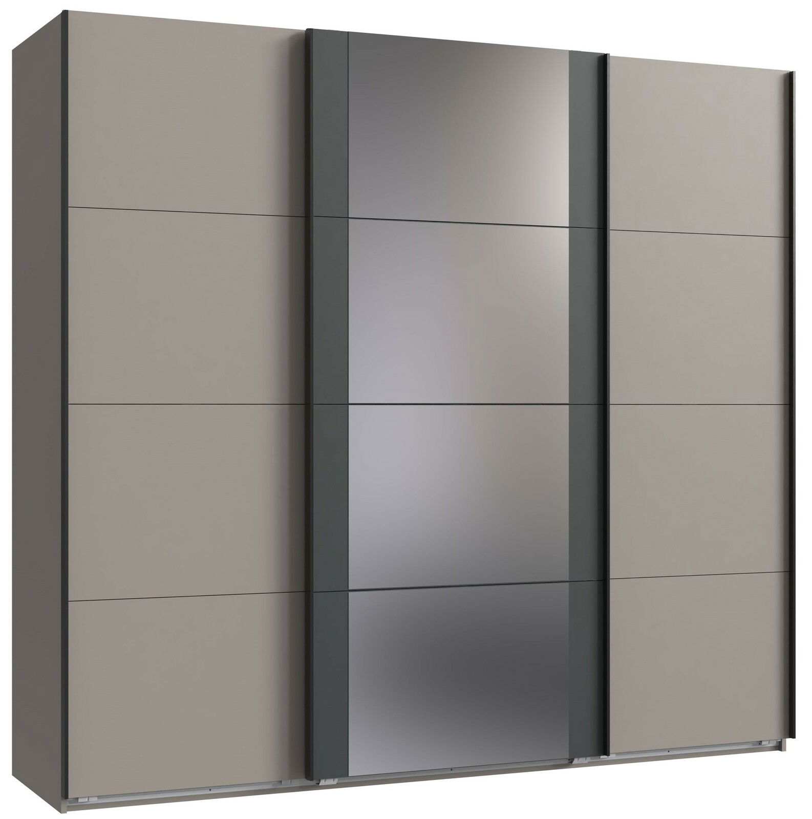 Schwebetürenschrank mit drei Türen, mittlere Tür mit Spiegel, seitliche Türen in grauer Farbe, Frontalansicht.