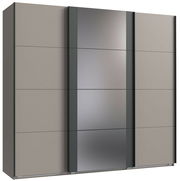 Schwebetürenschrank mit drei Türen, mittlere Tür mit Spiegel, seitliche Türen in grauer Farbe, Frontalansicht.