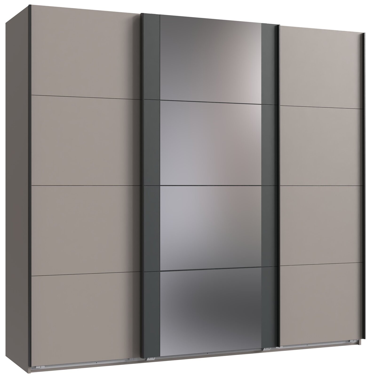 Z2 Schwebetürenschrank 3-trg. BERN Schwebetürenschrank mit drei Türen, mittlere Tür mit Spiegel, seitliche Türen in grauer Farbe, Frontalansicht.