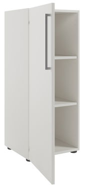 Weißer Aktenschrank mit Linksanschlag, geöffnete Tür, zwei Einlegeböden, seitliche Perspektive