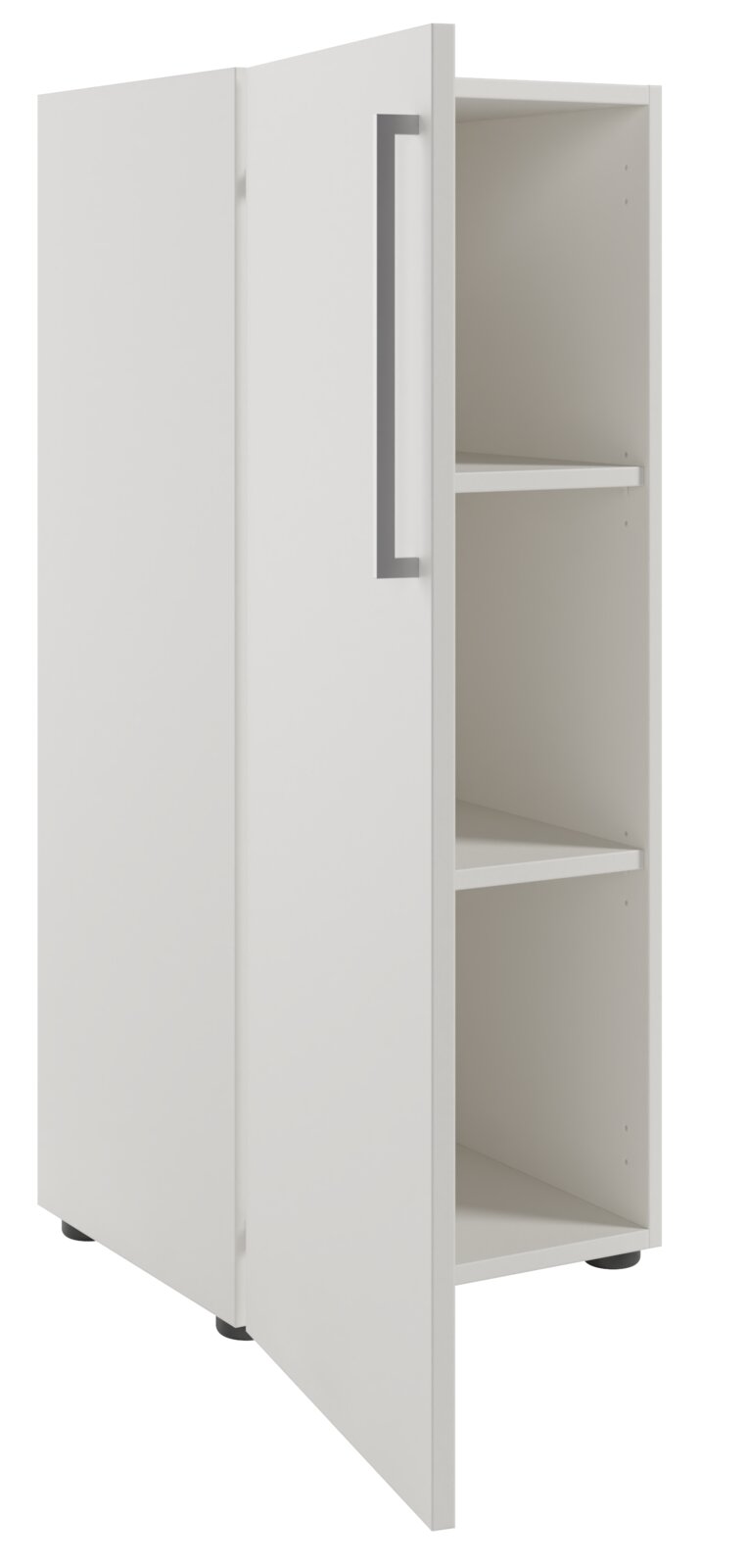 Weißer Aktenschrank mit Linksanschlag, geöffnete Tür, zwei Einlegeböden, seitliche Perspektive
