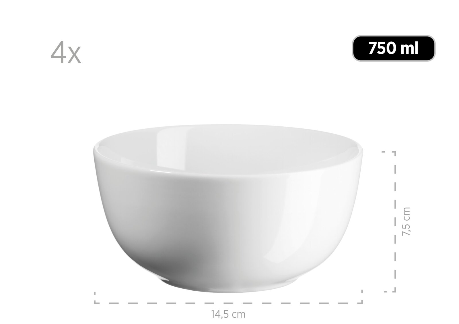 Weiße, glänzende Schüssel (4er-Set) mit 750 ml Fassungsvermögen, ca. 14,5 cm Durchmesser und 7,5 cm Höhe, freigestellt auf weißem Hintergrund, Frontansicht leicht von oben