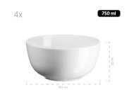 Weiße, glänzende Schüssel (4er-Set) mit 750 ml Fassungsvermögen, ca. 14,5 cm Durchmesser und 7,5 cm Höhe, freigestellt auf weißem Hintergrund, Frontansicht leicht von oben