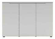 Weißes Sideboard mit drei Türen und dezenten Griffmulden, frontale Ansicht
