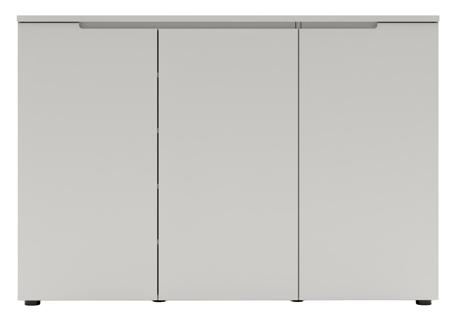 Weißes Sideboard mit drei Türen und dezenten Griffmulden, frontale Ansicht