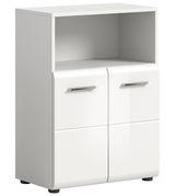 Weißer Standschrank mit zwei Türen und einem offenen Fach, perspektivisch von vorne links gesehen.
