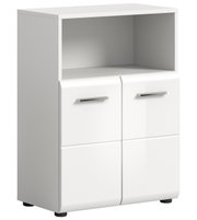 Weißer Standschrank mit zwei Türen und einem offenen Fach, perspektivisch von vorne links gesehen.