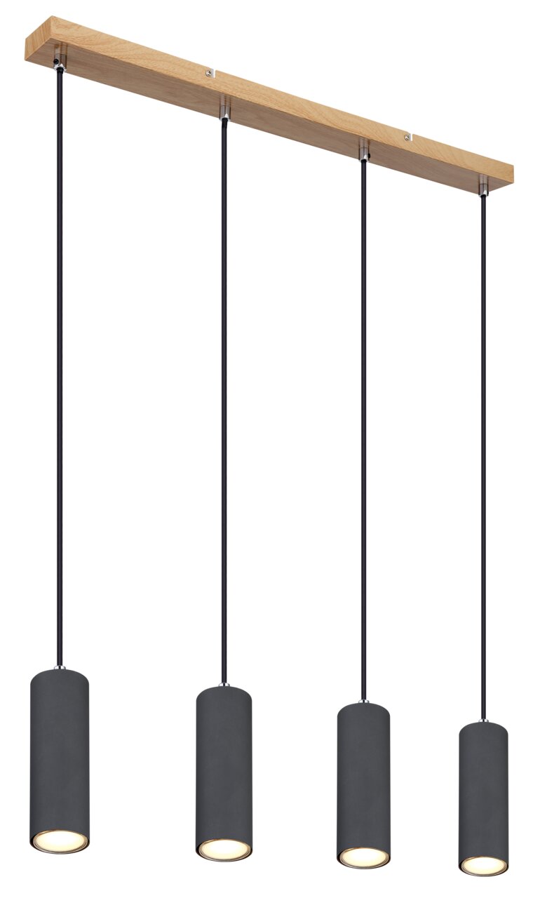 Globo Lighting Hängeleuchte ROBBY Moderne Hängeleuchte mit vier zylindrischen Lampenschirmen in Schwarz, aufgehängt an einem Holzträger. Seitenansicht.