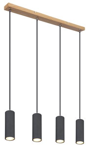 Moderne Hängeleuchte mit vier zylindrischen Lampenschirmen in Schwarz, aufgehängt an einem Holzträger. Seitenansicht.