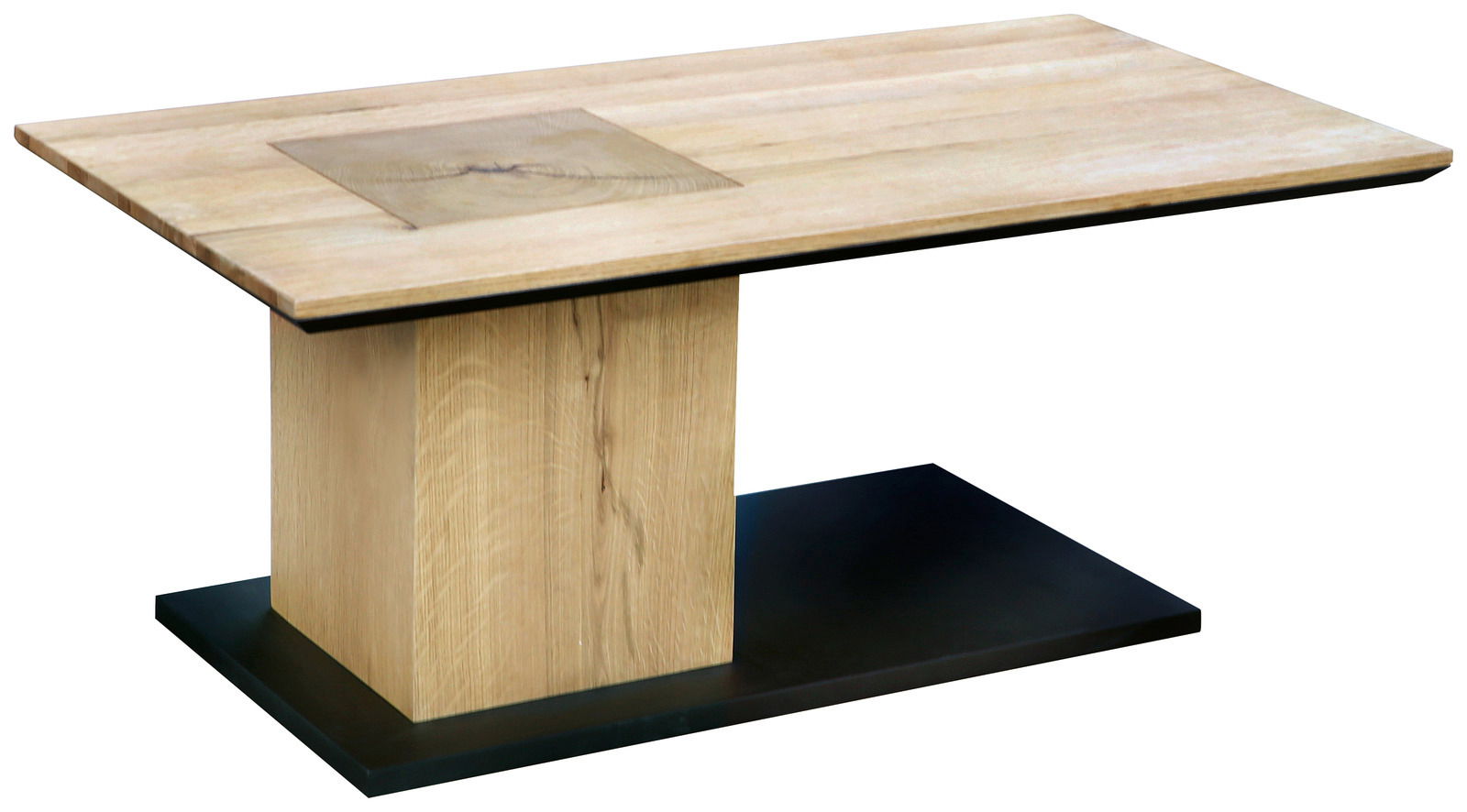 Moderner Couchtisch aus Holz mit rechteckiger Tischplatte und stabiler Basis, seitliche Perspektive