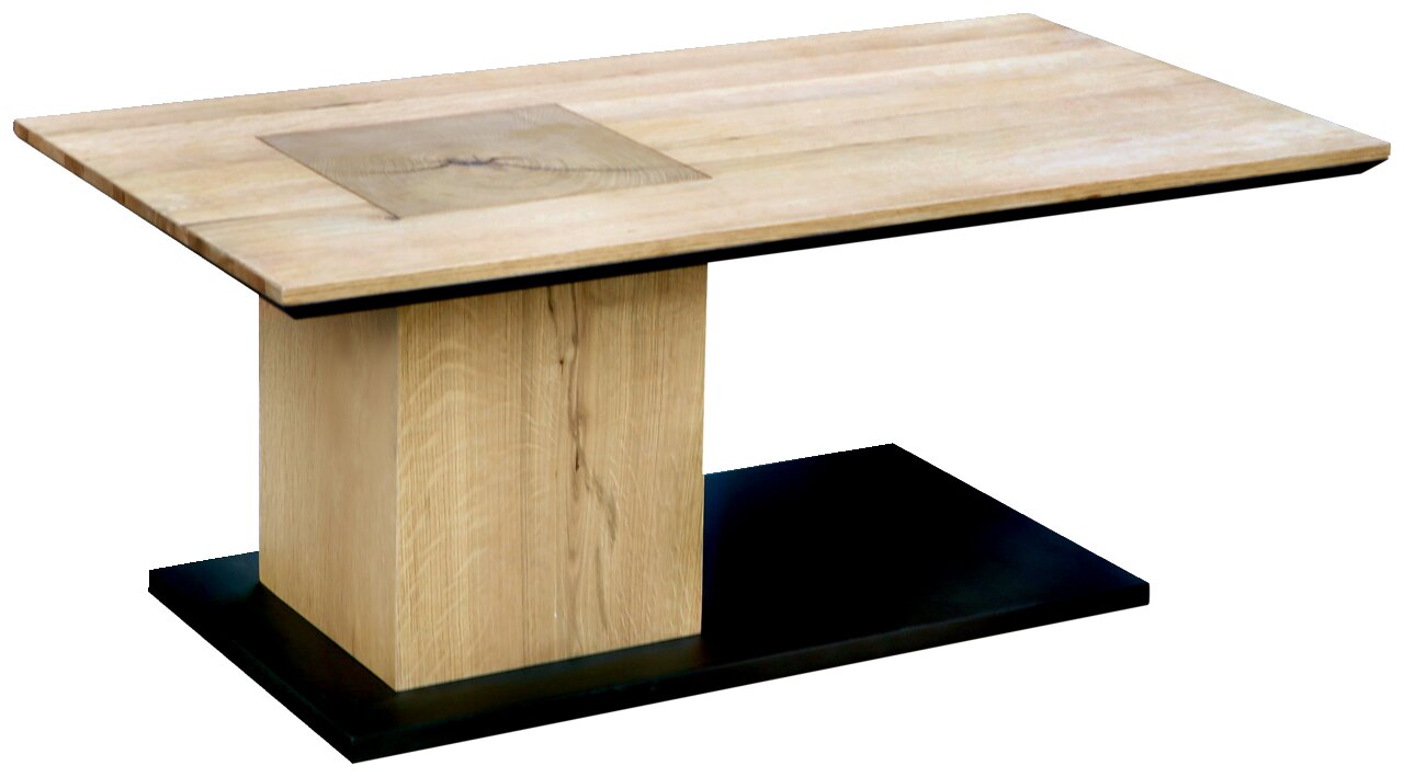 Moderne houten salontafel met rechthoekig tafelblad en stevig onderstel, zijaanzicht