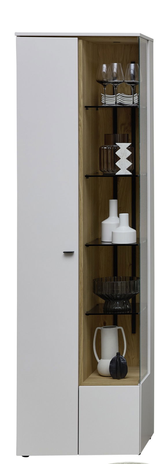 Vitrine VANYA von Venjakob, moderne Glasvitrine mit Holz- und Glaselementen, seitliche Perspektive