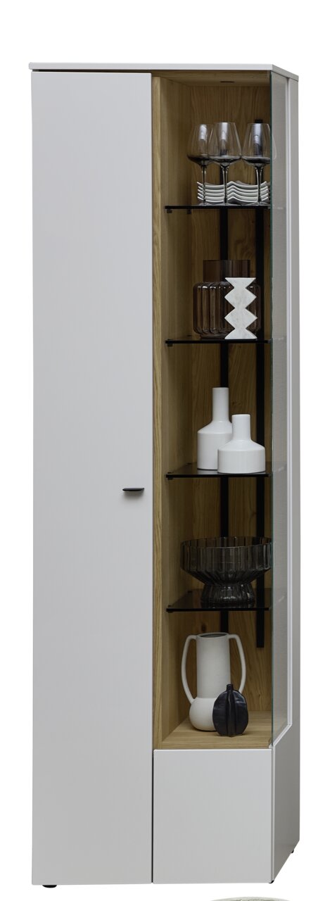 Vitrine VANYA van Venjakob, moderne glazen vitrine met houten en glazen elementen, zijaanzicht