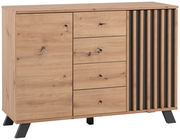 Kommode aus Holz mit vier Schubladen und einer Tür, seitliche Lamellen, Perspektive von vorne