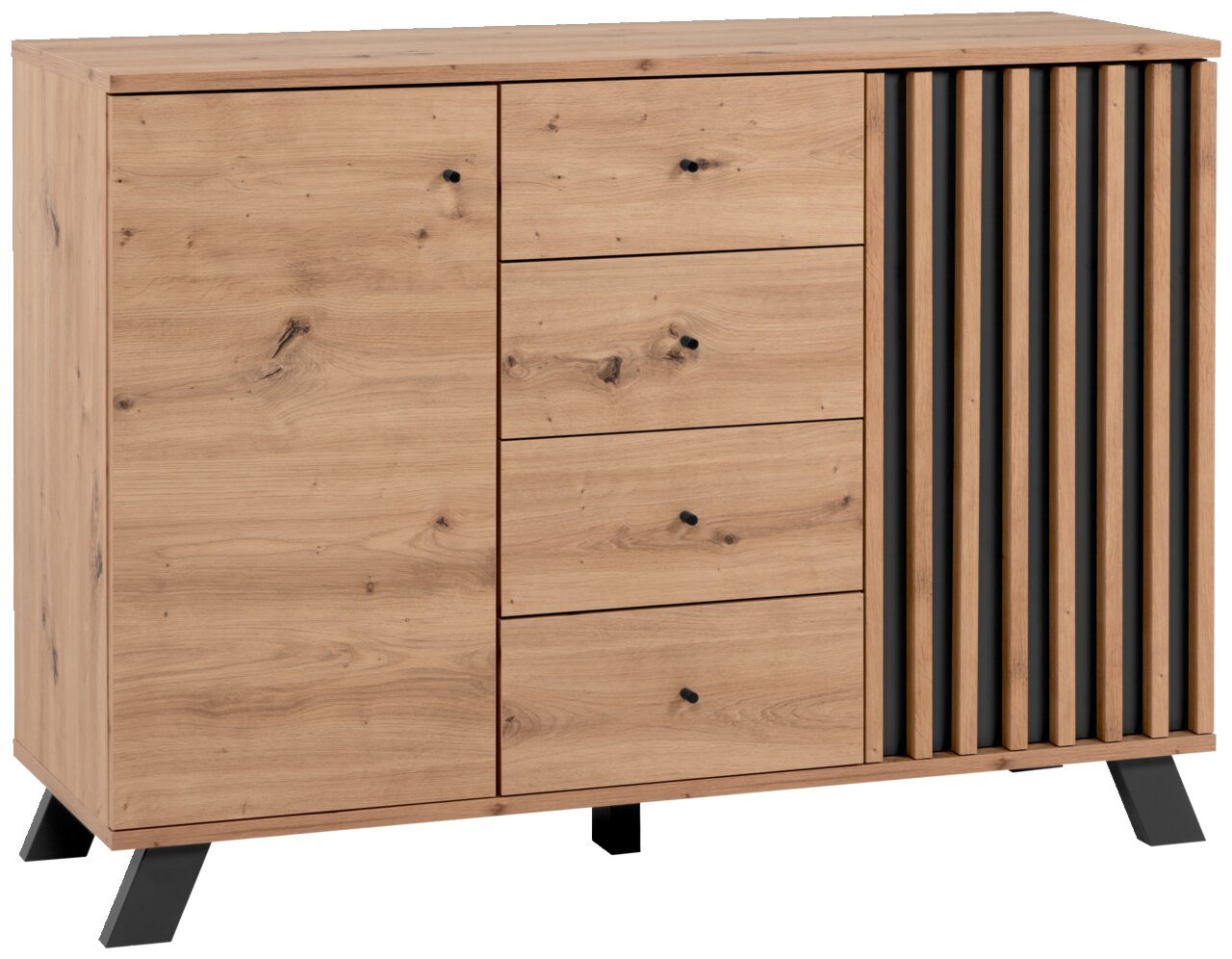Kommode aus Holz mit vier Schubladen und einer Tür, seitliche Lamellen, Perspektive von vorne