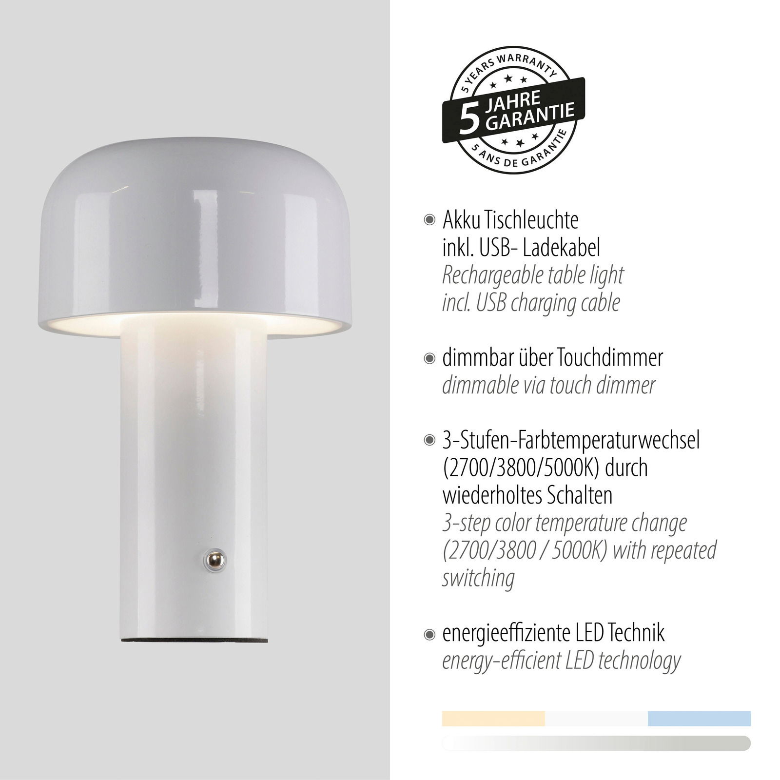 Moderne Akku-Tischleuchte AGNES in Weiß mit Touchdimmer, USB-Ladekabel und 3-Stufen-Farbtemperaturwechsel, seitliche Perspektive.