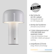 Moderne Akku-Tischleuchte AGNES in Weiß mit Touchdimmer, USB-Ladekabel und 3-Stufen-Farbtemperaturwechsel, seitliche Perspektive.