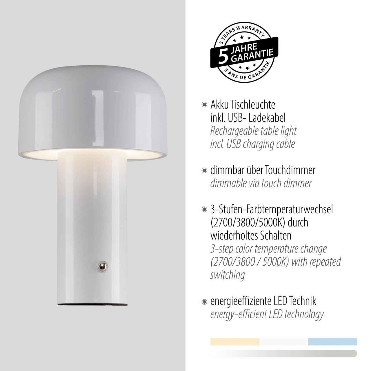 Moderne Akku-Tischleuchte AGNES in Weiß mit Touchdimmer, USB-Ladekabel und 3-Stufen-Farbtemperaturwechsel, seitliche Perspektive.