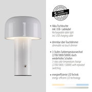 Moderne Akku-Tischleuchte AGNES in Weiß mit Touchdimmer, USB-Ladekabel und 3-Stufen-Farbtemperaturwechsel, seitliche Perspektive.