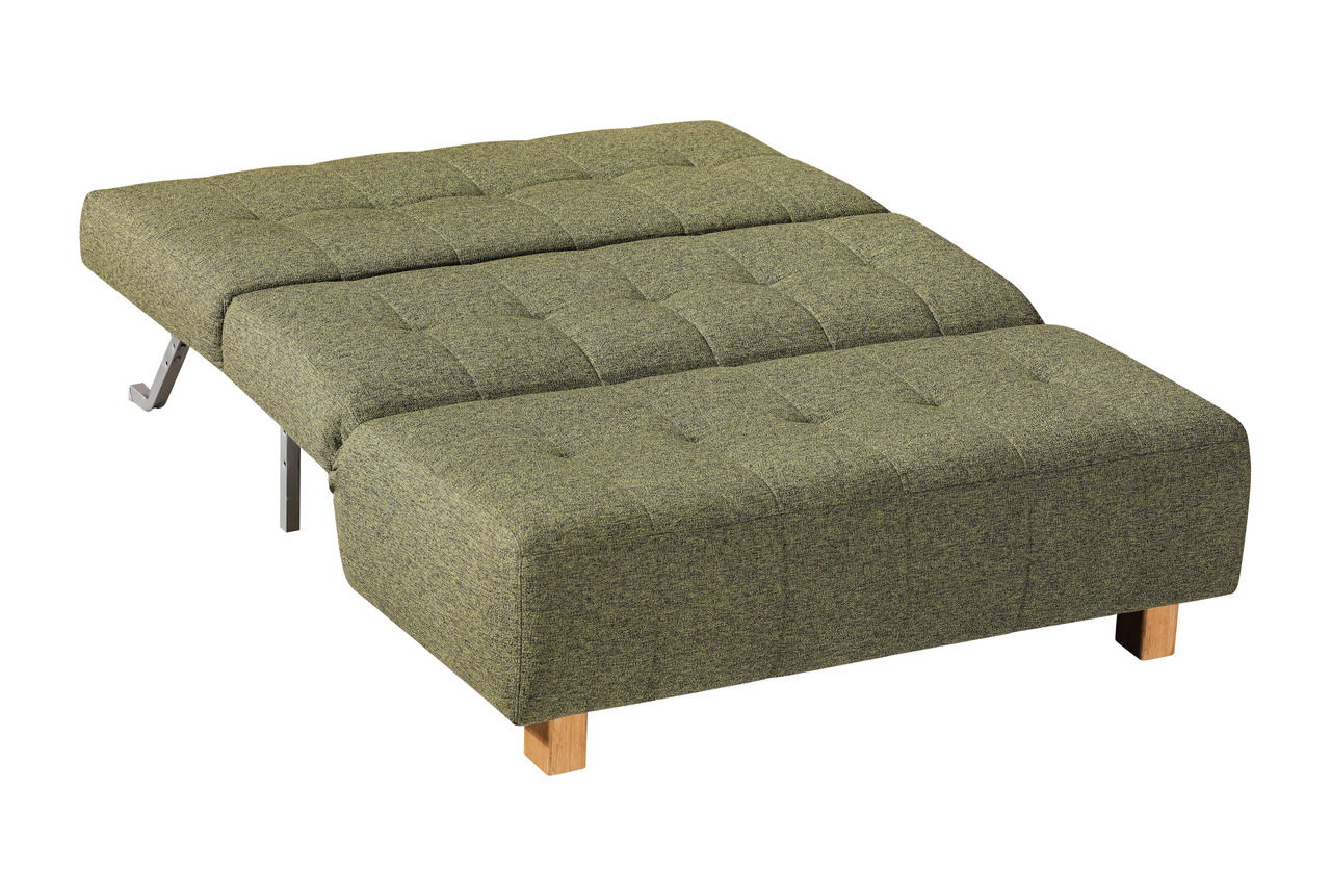 Grünes Faltbett in ausgeklappter Position, seitliche Perspektive