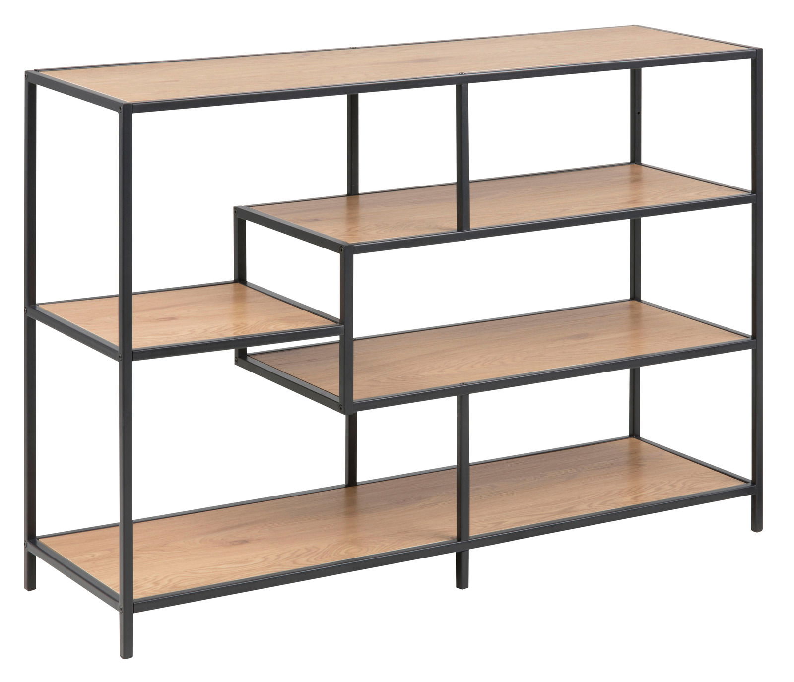 Modernes Bücherregal mit schwarzem Metallrahmen und Holzregalböden, seitliche Perspektive