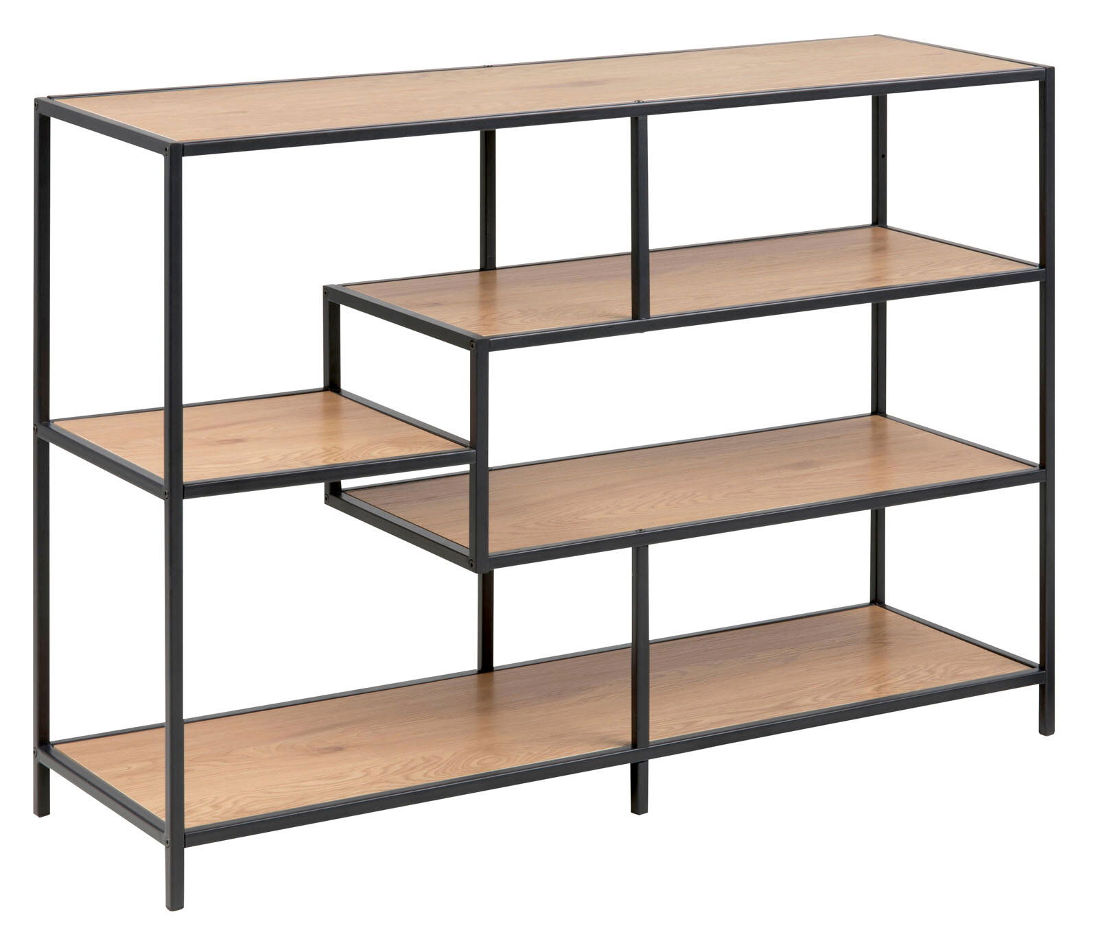 Modernes Bücherregal mit schwarzem Metallrahmen und Holzregalböden, seitliche Perspektive