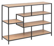 Modernes Bücherregal mit schwarzem Metallrahmen und Holzregalböden, seitliche Perspektive