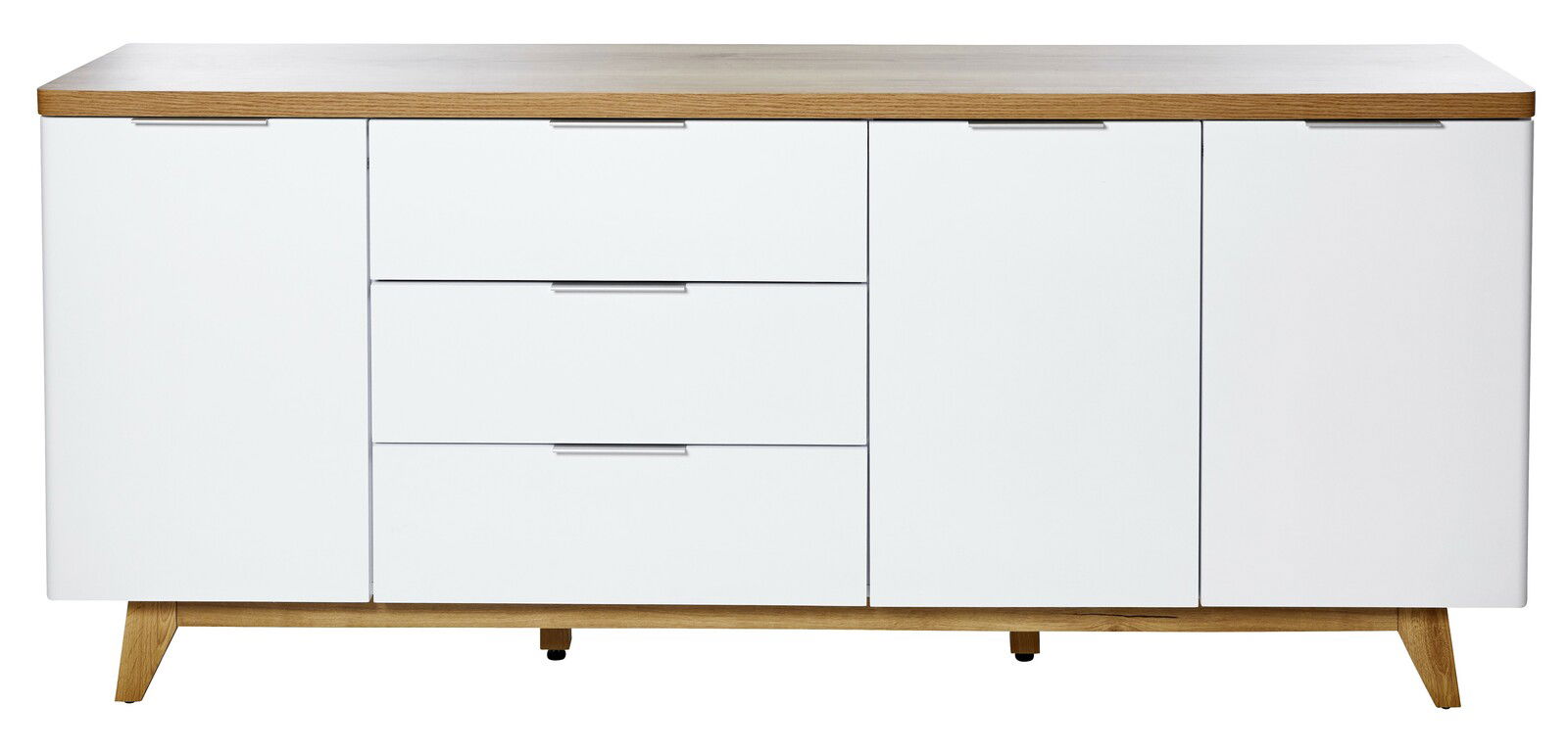Weißes Sideboard mit drei Schubladen und zwei Türen, Holzoberfläche und -füße, frontale Ansicht