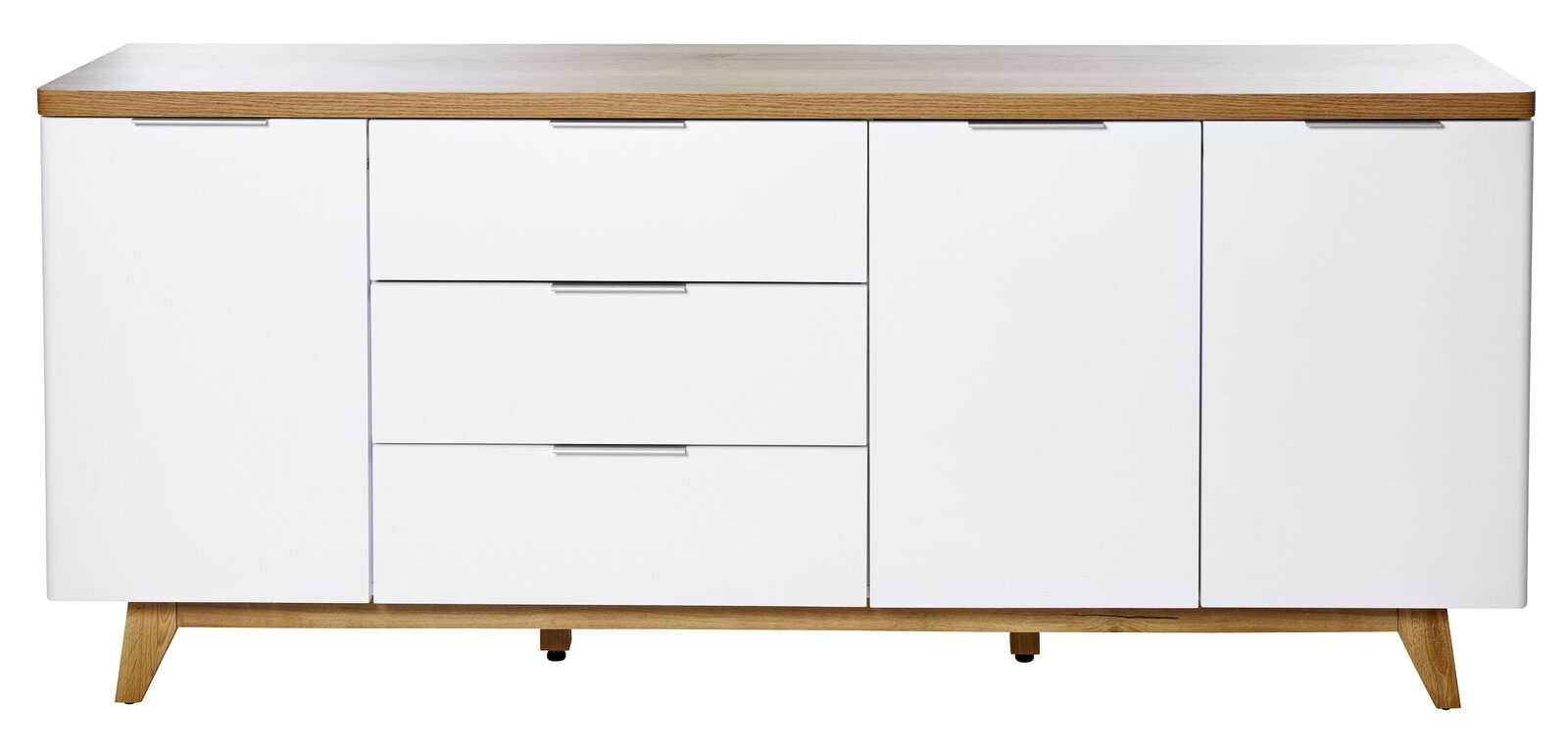 Weißes Sideboard mit drei Schubladen und zwei Türen, Holzoberfläche und -füße, frontale Ansicht