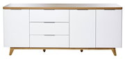 Weißes Sideboard mit drei Schubladen und zwei Türen, Holzoberfläche und -füße, frontale Ansicht