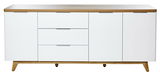 Weißes Sideboard mit drei Schubladen und zwei Türen, Holzoberfläche und -füße, frontale Ansicht