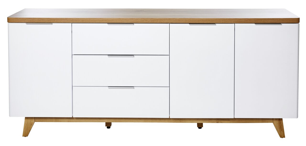 Wit dressoir met drie lades en twee deuren, houten oppervlak en poten, vooraanzicht