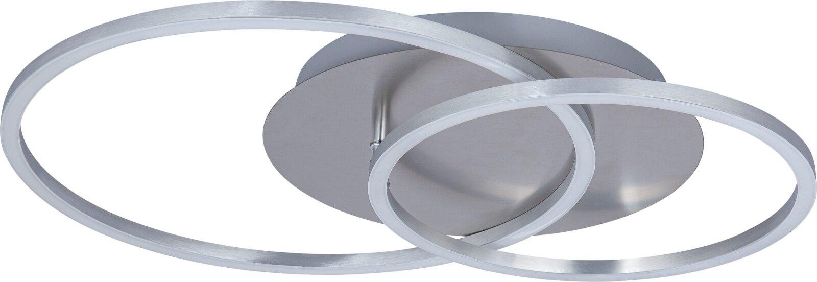 Moderne LED-Deckenleuchte mit zwei überlappenden Ringen aus Metall, seitliche Perspektive