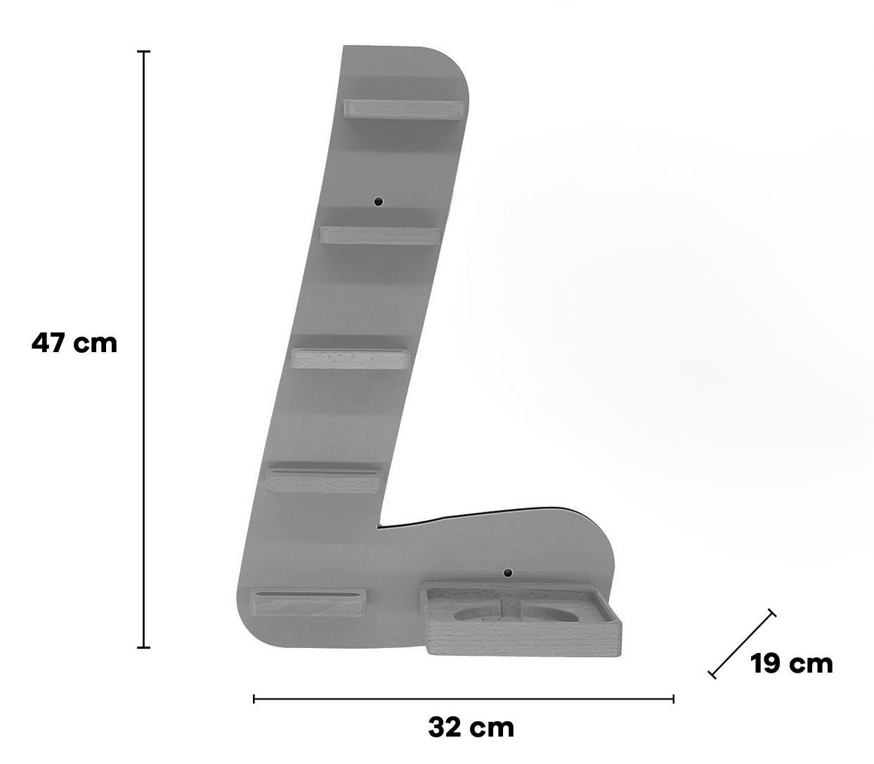 Seitliche Ansicht eines grauen, L-förmigen Wandregals/Organizers mit mehreren kleinen Ablagen und einer Holzschale unten rechts; Maße: 47 cm hoch, 32 cm breit, 19 cm tief.