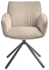 Frontansicht eines beigen Armlehnstuhls mit geripptem Stoffbezug und schwarzem Metallgestell.