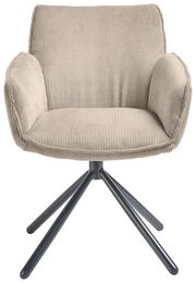 Frontansicht eines beigen Armlehnstuhls mit geripptem Stoffbezug und schwarzem Metallgestell.