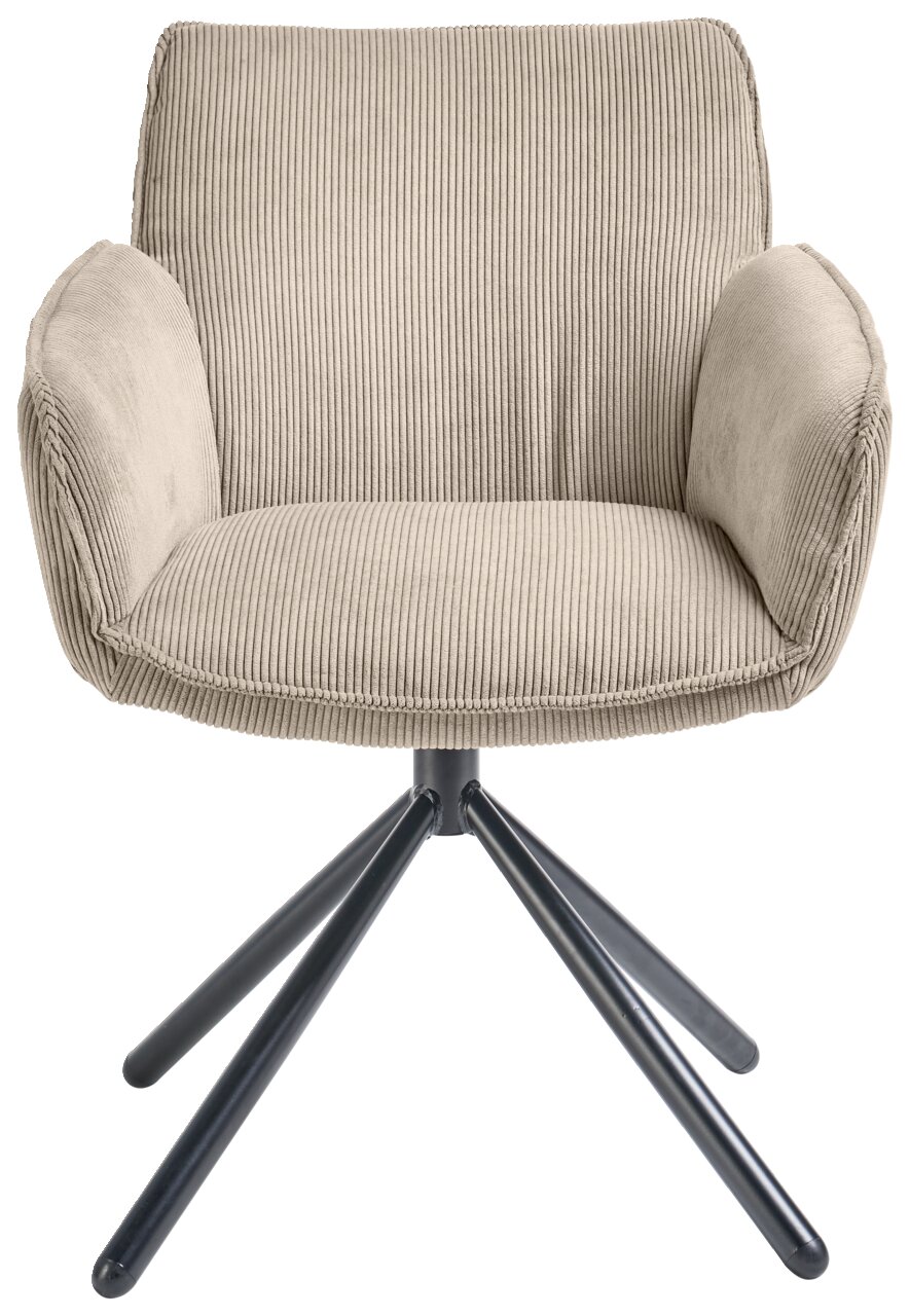 Frontansicht eines beigen Armlehnstuhls mit geripptem Stoffbezug und schwarzem Metallgestell.