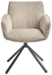 Frontansicht eines beigen Armlehnstuhls mit geripptem Stoffbezug und schwarzem Metallgestell.