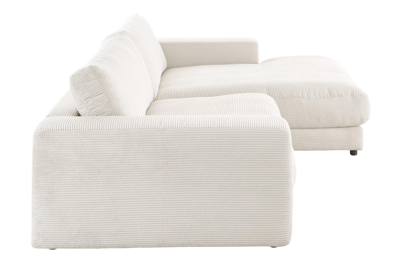 Zijaanzicht van een crèmekleurige longchair-set met geribbelde stoffen bekleding.