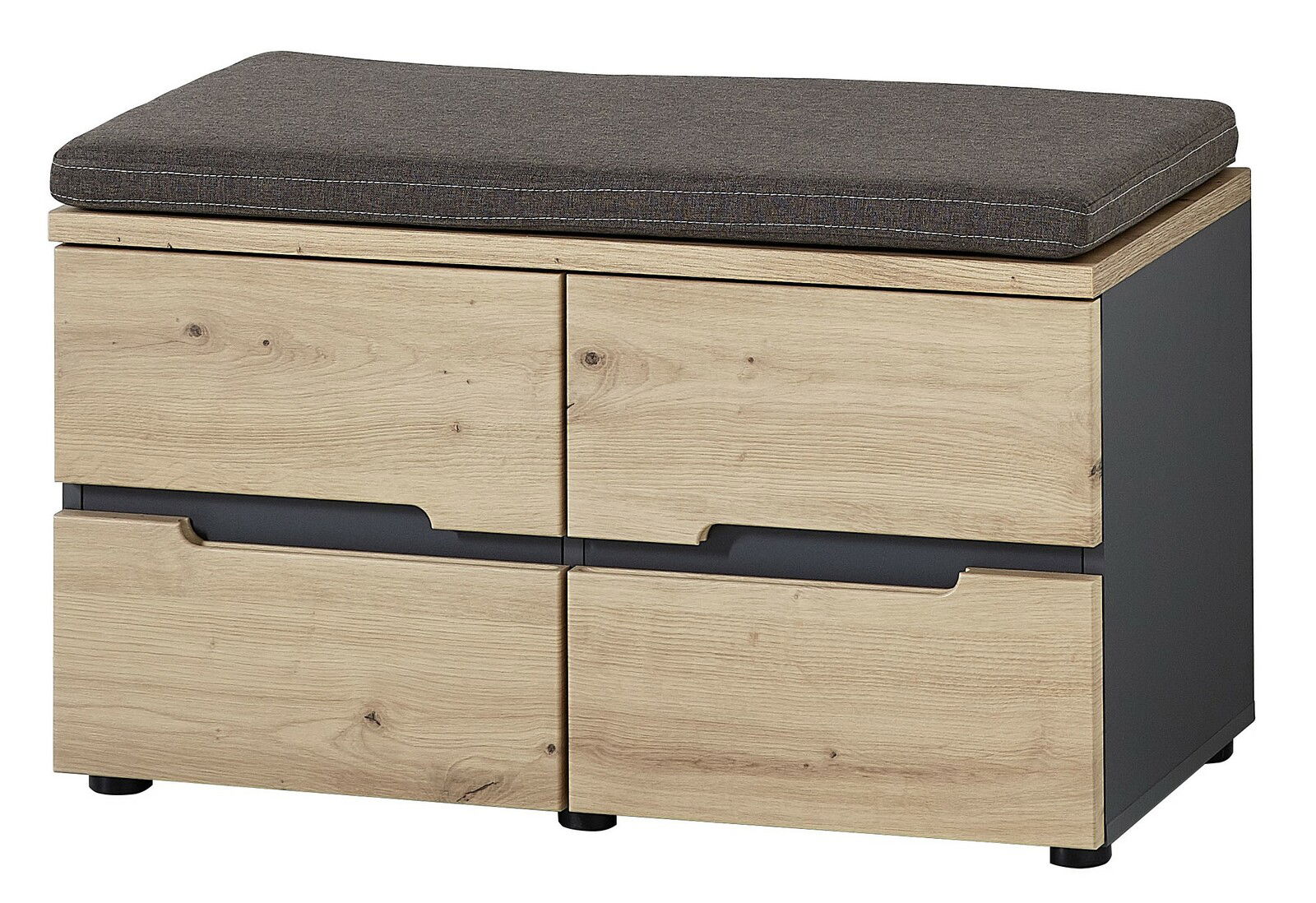 Garderobenbank mit Holzoptik und grauem Sitzkissen, seitliche Perspektive