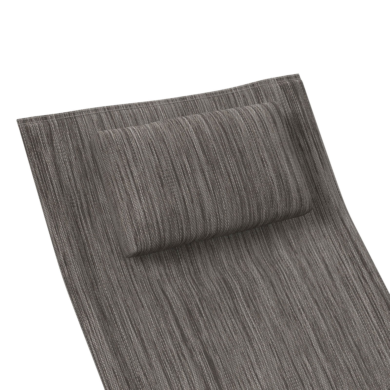 Nahaufnahme einer grauen Schaukelliege mit Kopfkissen, von oben betrachtet.